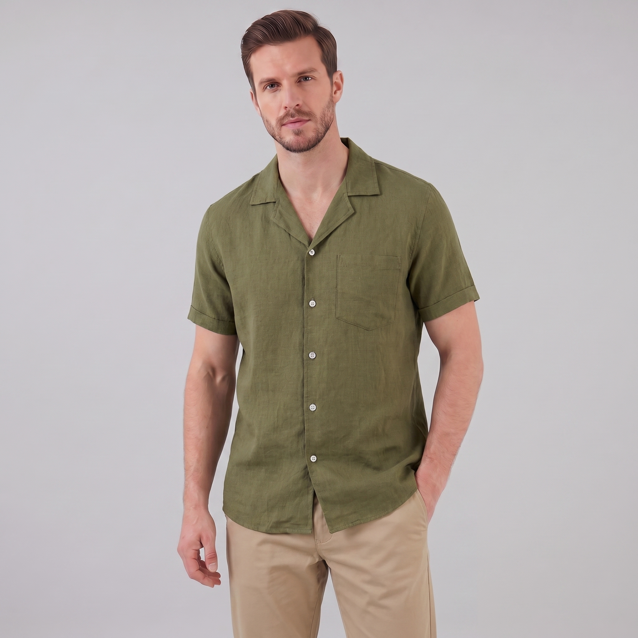 Men's Short-Sleeve Camp Collar Shirt - Lightweight Cotton for Casual Wear