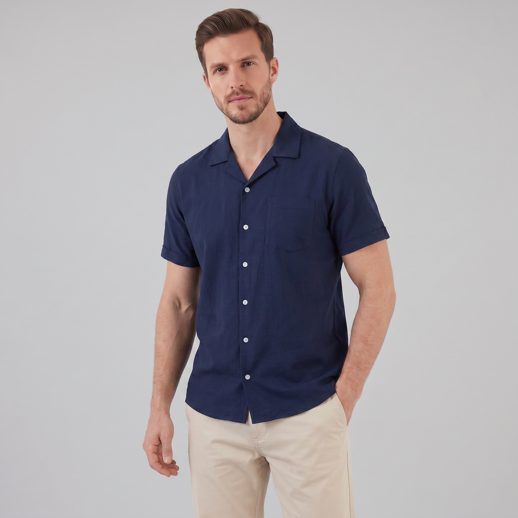 Men's Short-Sleeve Camp Collar Shirt - Lightweight Cotton for Casual Wear