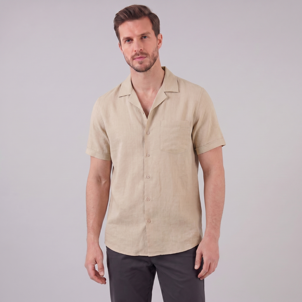 Men's Short-Sleeve Camp Collar Shirt - Lightweight Cotton for Casual Wear
