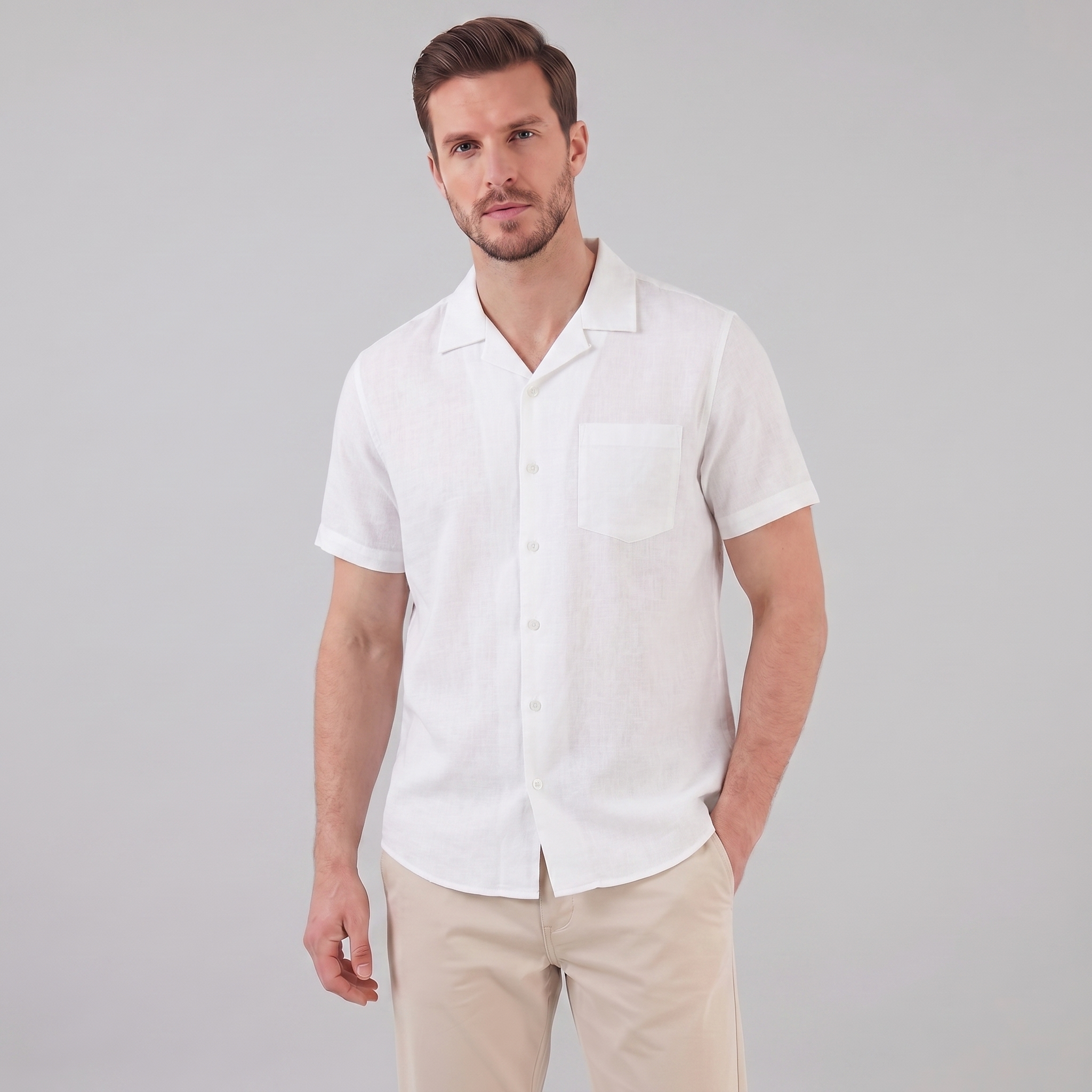 Men's Short-Sleeve Camp Collar Shirt - Lightweight Cotton for Casual Wear