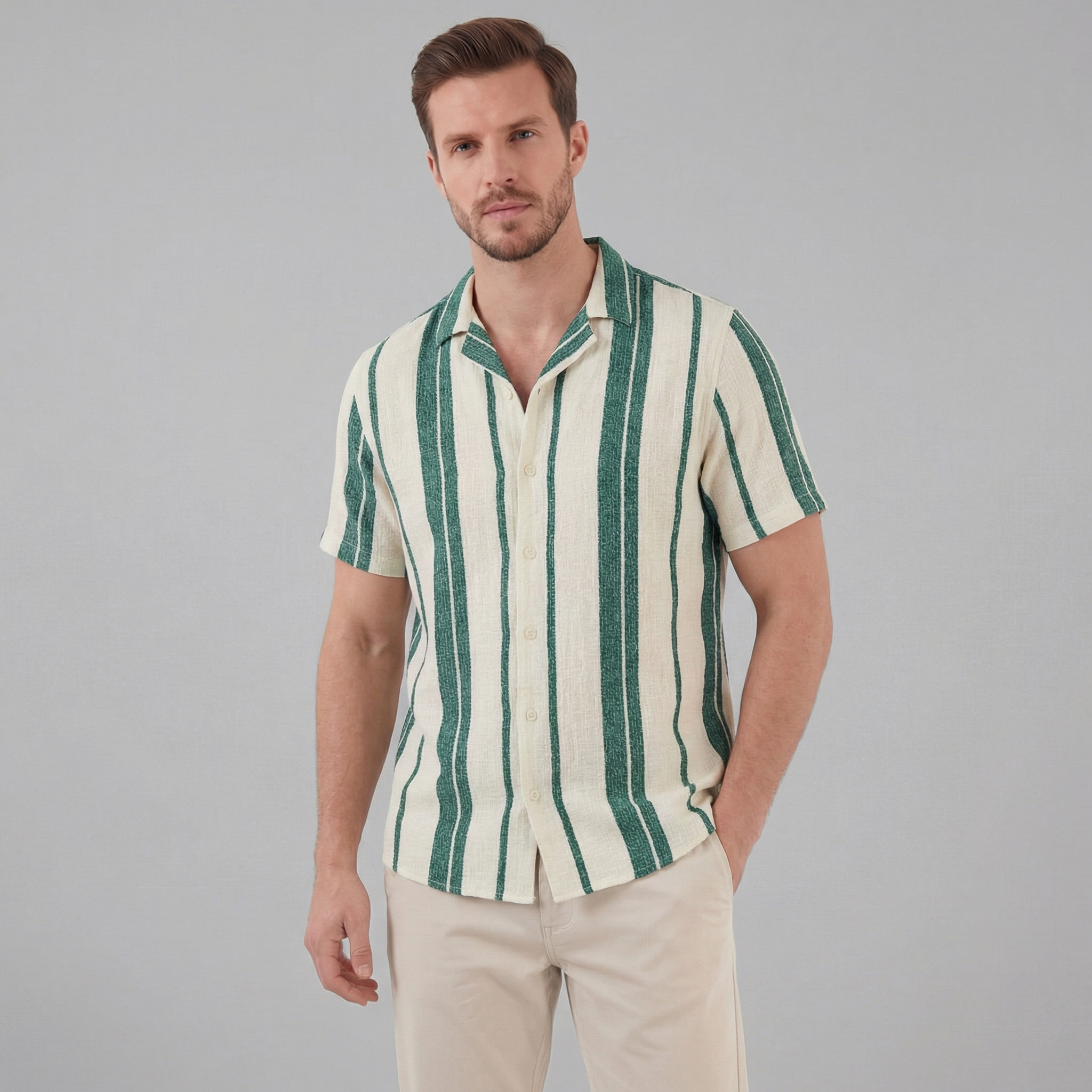 Men's Short Sleeve Cotton Button-Down Shirt for Casual Wear