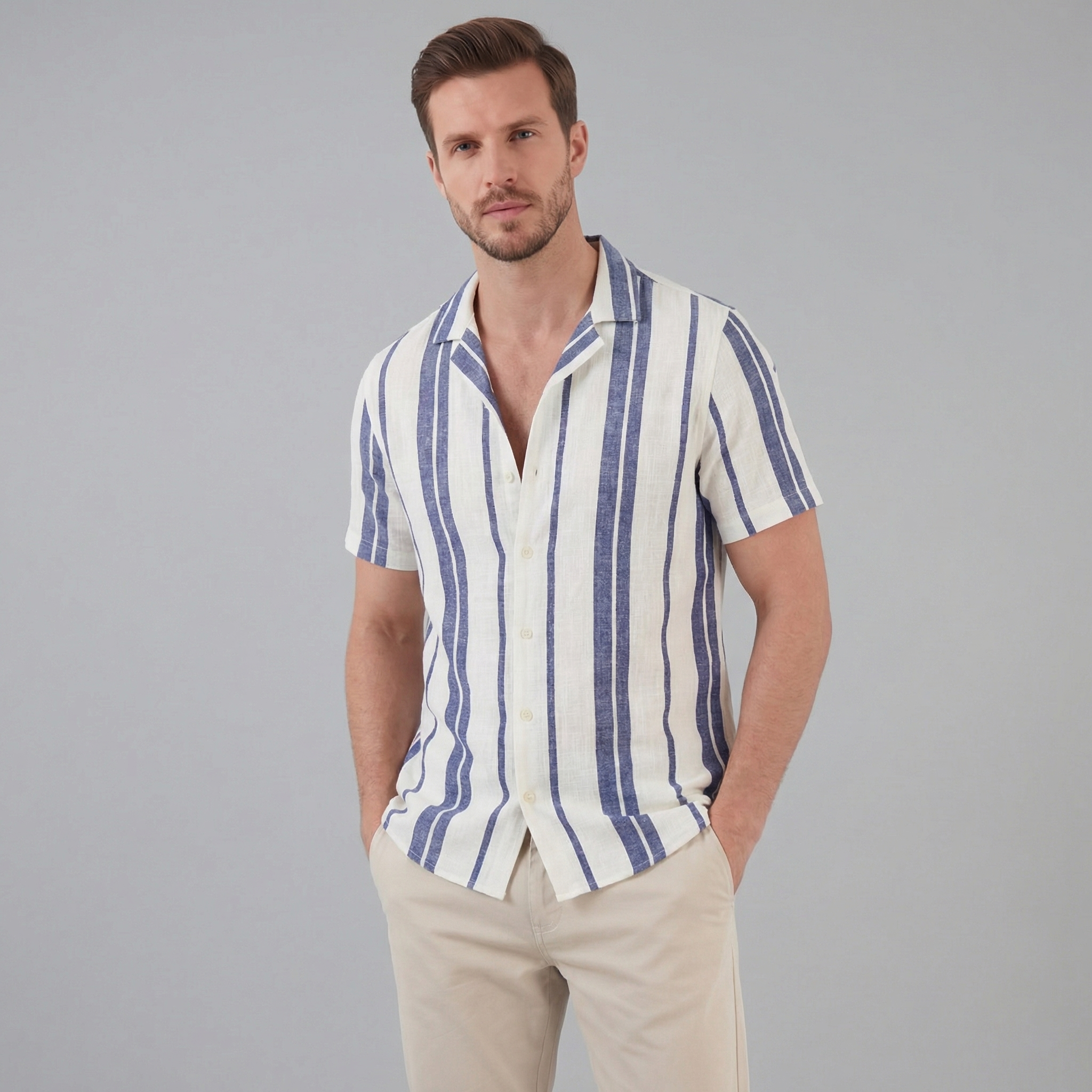 Men's Short Sleeve Cotton Button-Down Shirt for Casual Wear