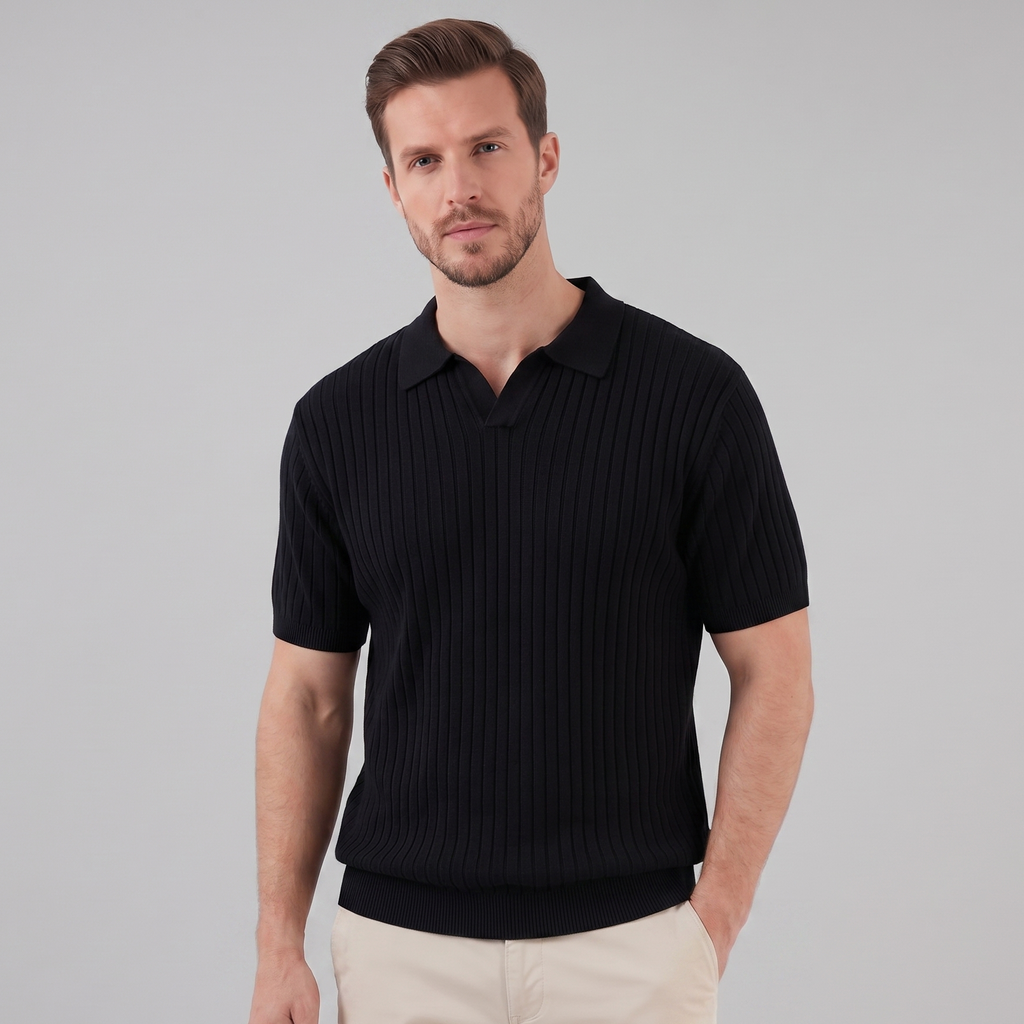 Men's Short Sleeve Rib-Knit Polo Shirt - Casual Wear, Comfortable Fit
