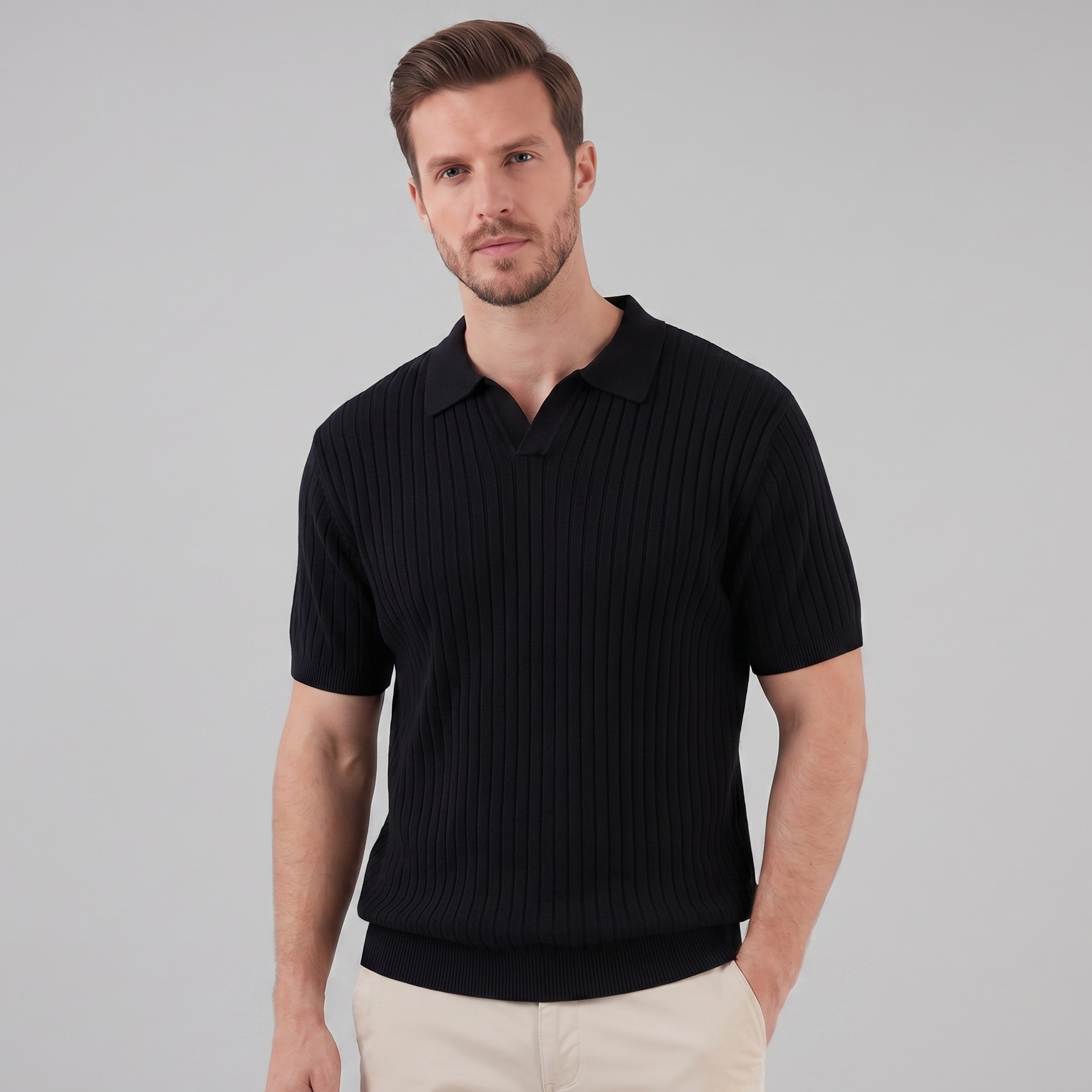 Men's Short Sleeve Rib-Knit Polo Shirt - Casual Wear, Comfortable Fit
