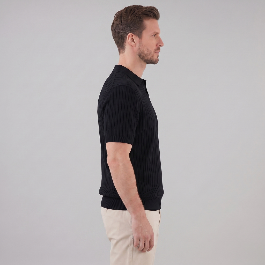 Men's Short Sleeve Rib-Knit Polo Shirt - Casual Wear, Comfortable Fit