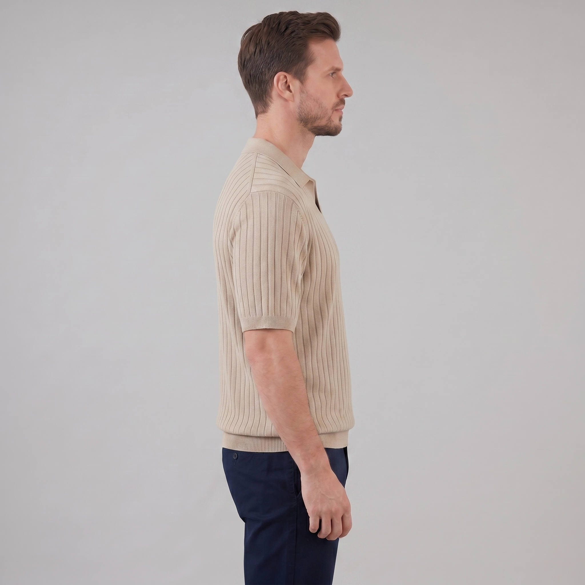 Men's Short Sleeve Rib-Knit Polo Shirt - Casual Wear, Comfortable Fit