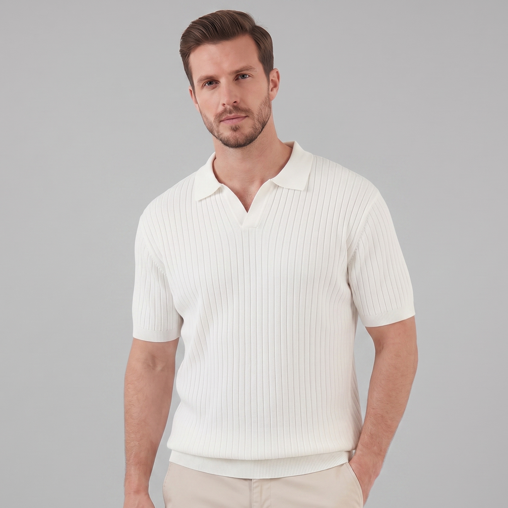Men's Short Sleeve Rib-Knit Polo Shirt - Casual Wear, Comfortable Fit