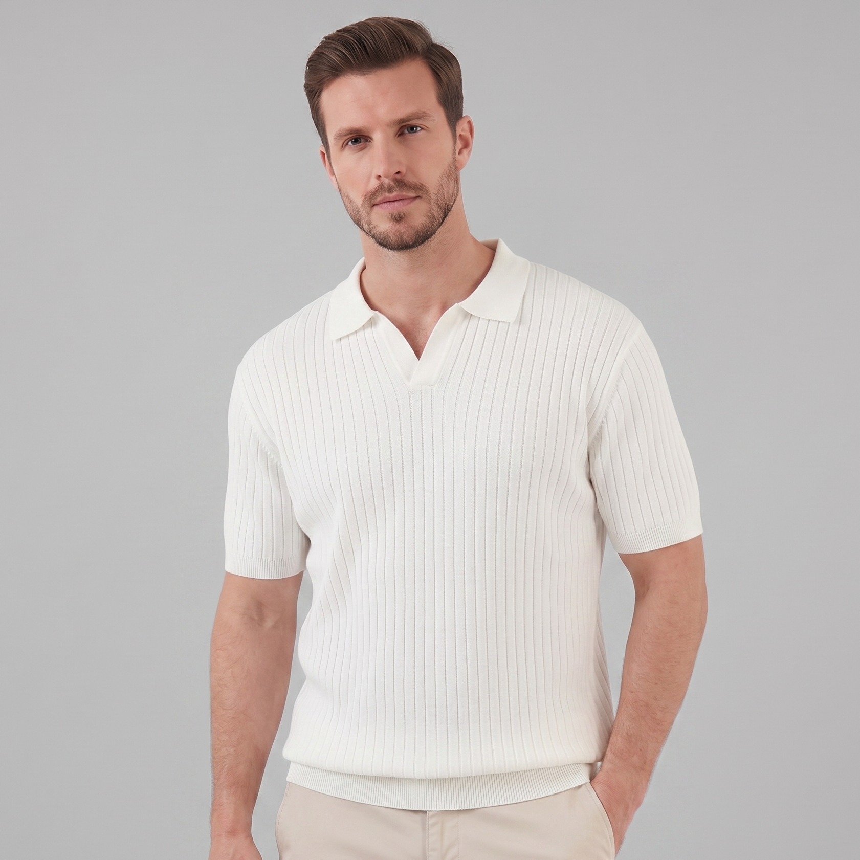 Men's Short Sleeve Rib-Knit Polo Shirt - Casual Wear, Comfortable Fit