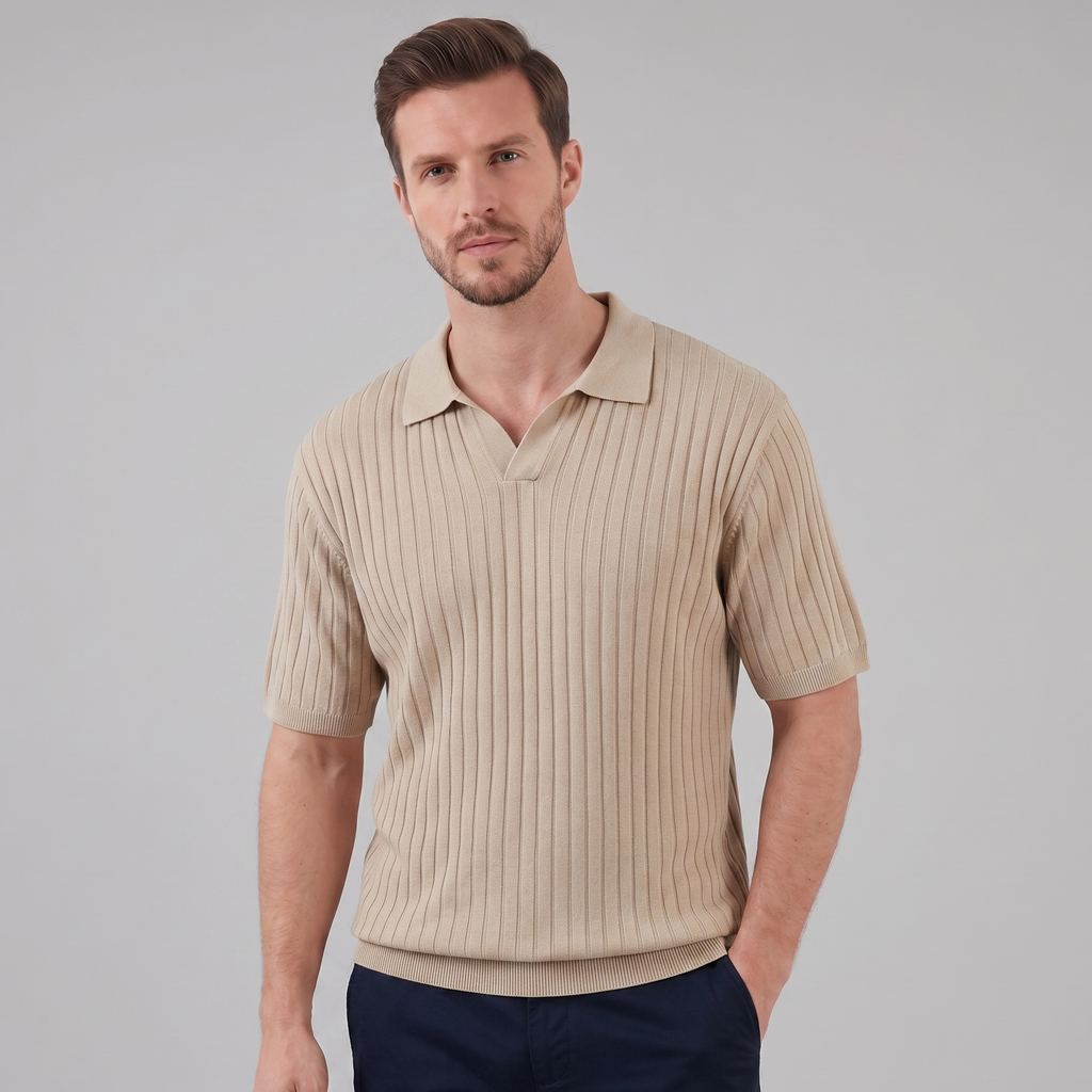 Men's Short Sleeve Rib-Knit Polo Shirt - Casual Wear, Comfortable Fit