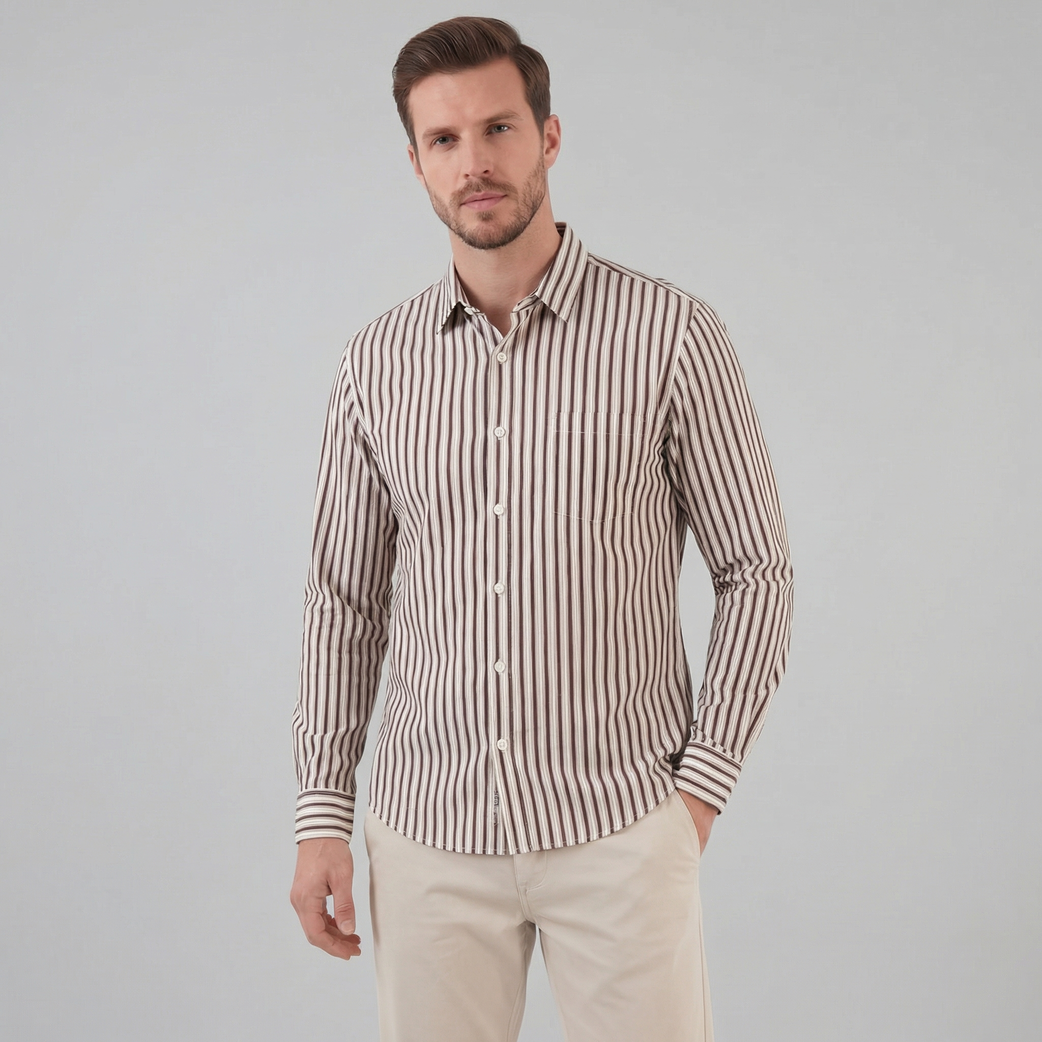 Men's Striped Cotton Dress Shirt - Tailored Fit for Business Casual Wear