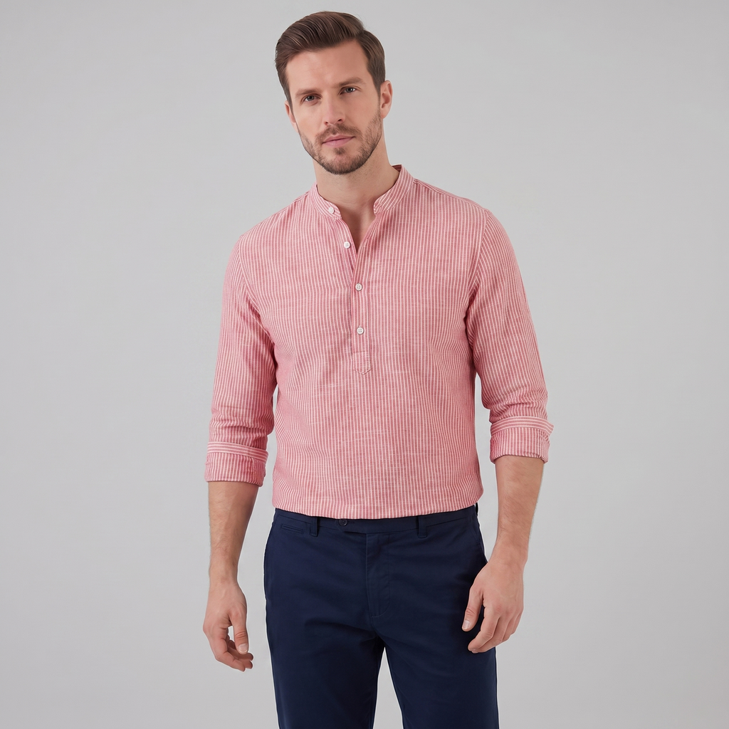 Men's Striped Long Sleeve Henley Shirt - Cotton Casual Wear Top