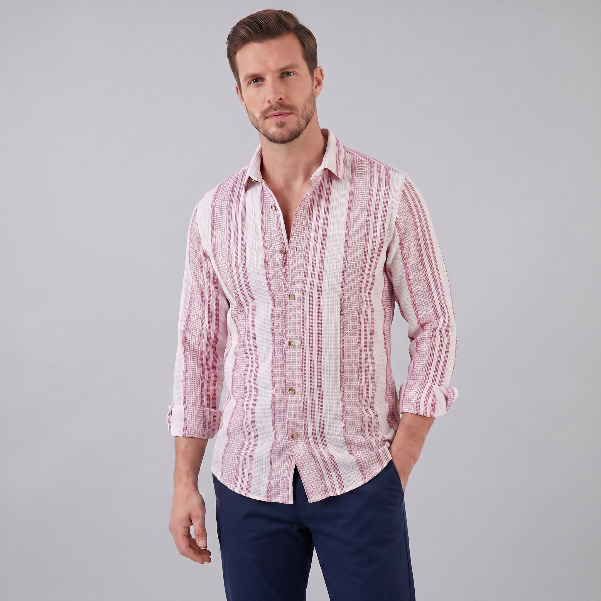 Men's Textured Stripe Summer Button-Up Shirt for Casual Wear