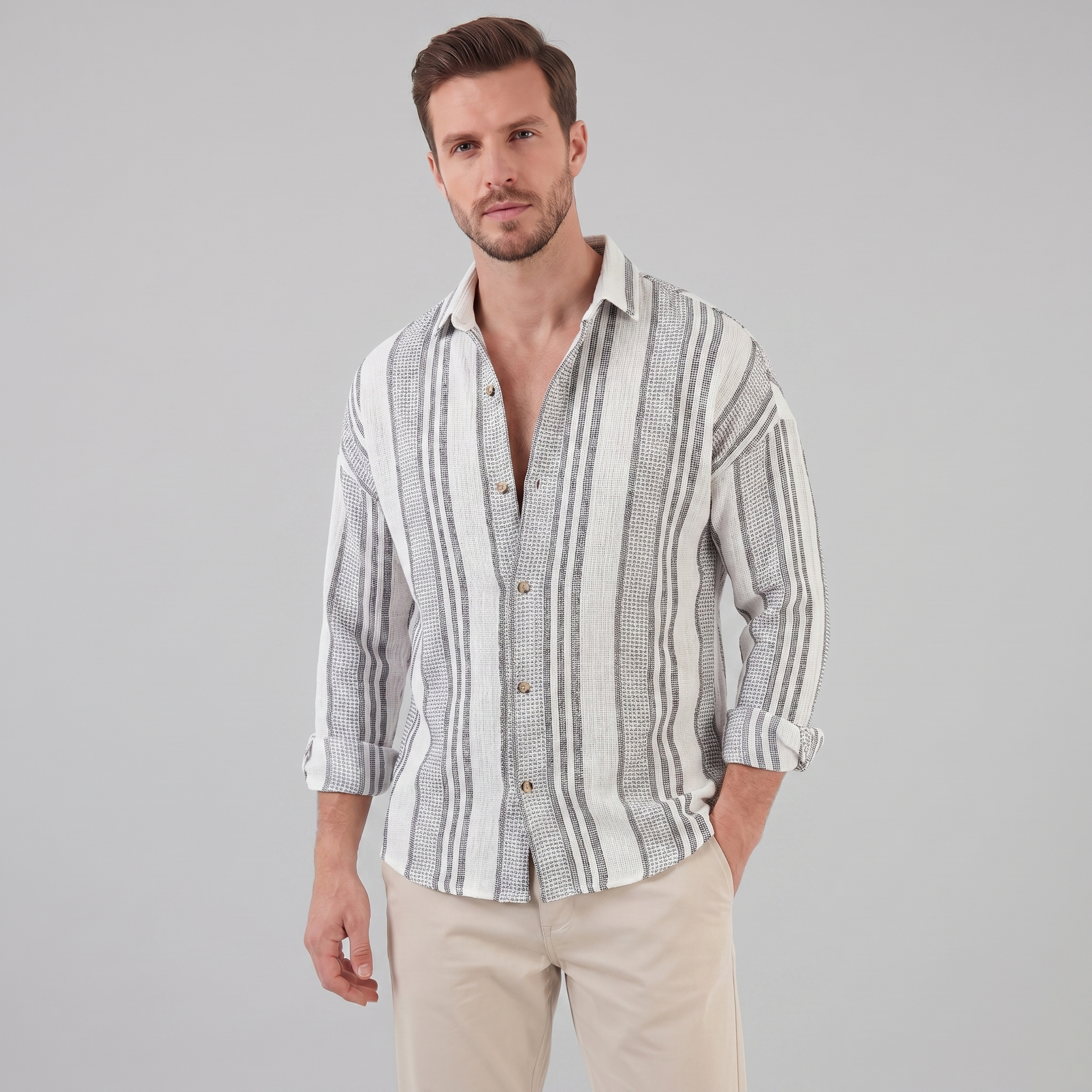 Men's Textured Stripe Summer Button-Up Shirt for Casual Wear