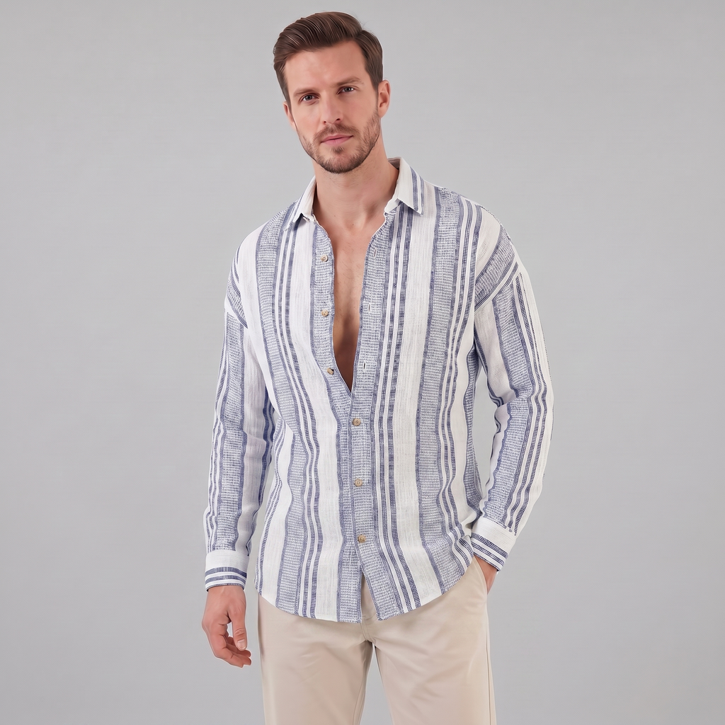 Men's Textured Stripe Summer Button-Up Shirt for Casual Wear