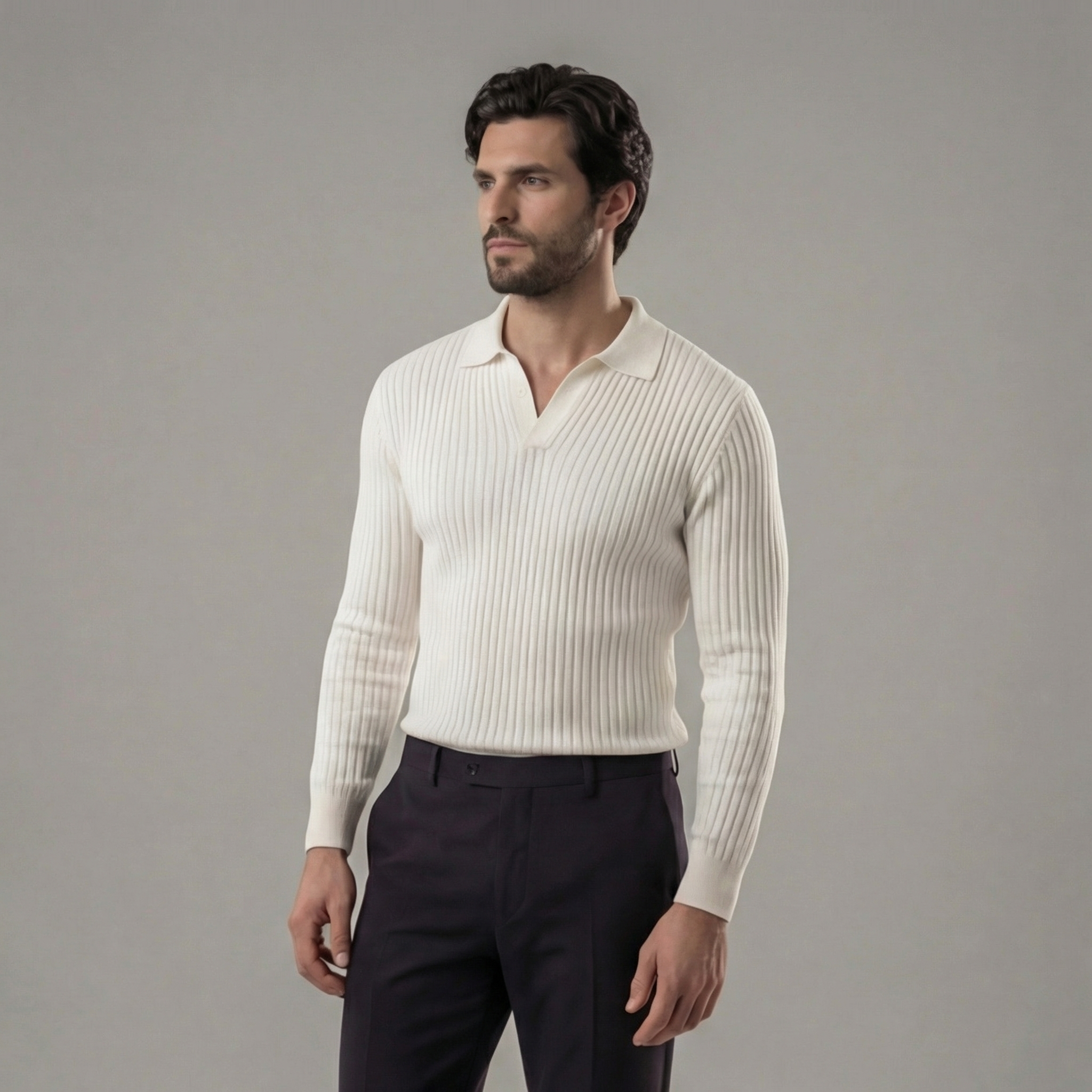 Men's V-Neck Long Sleeve Polo Shirt - Soft Cotton Blend for Casual Wear