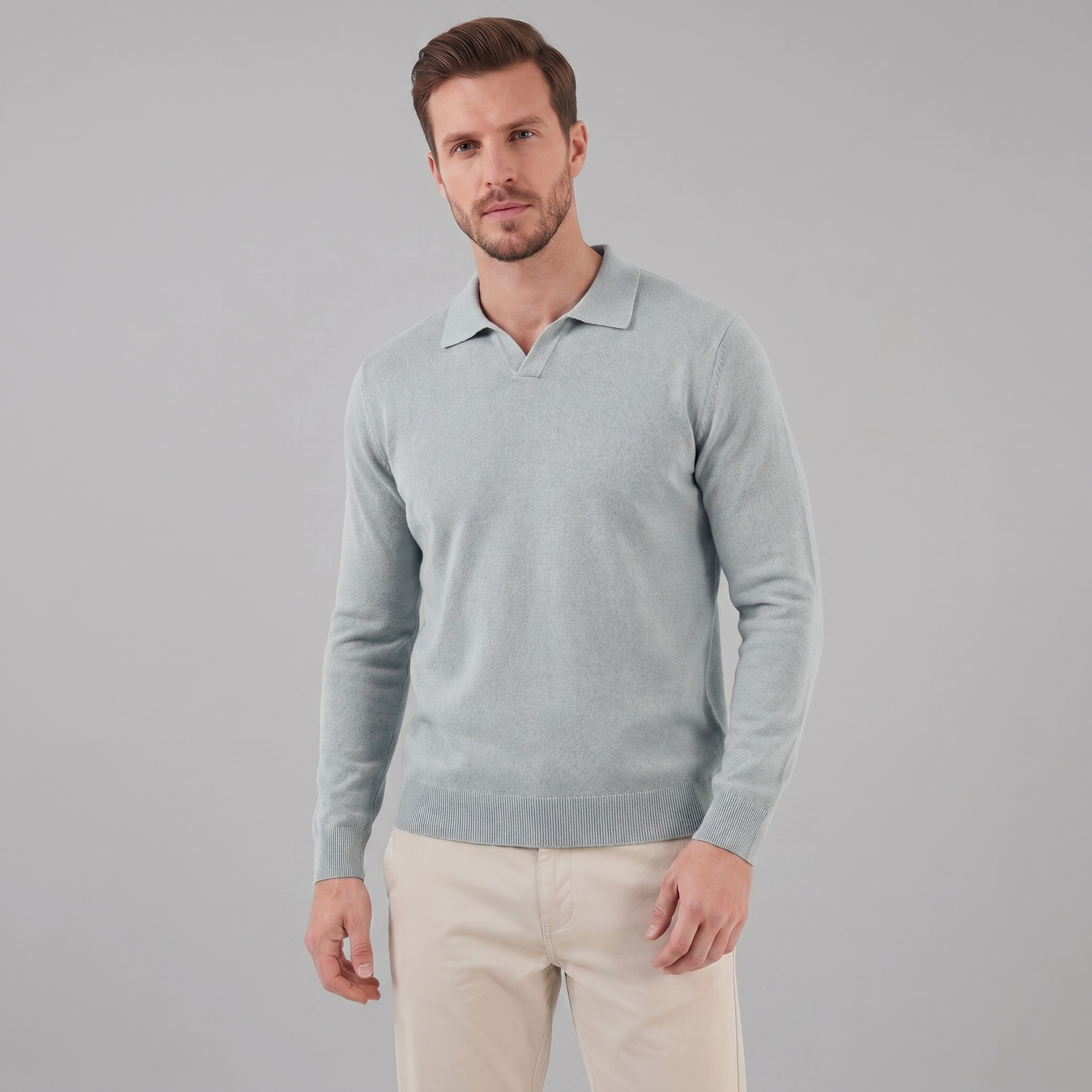 Men's Wool V-Neck Polo Shirt - Soft Knit Fabric for Casual Wear