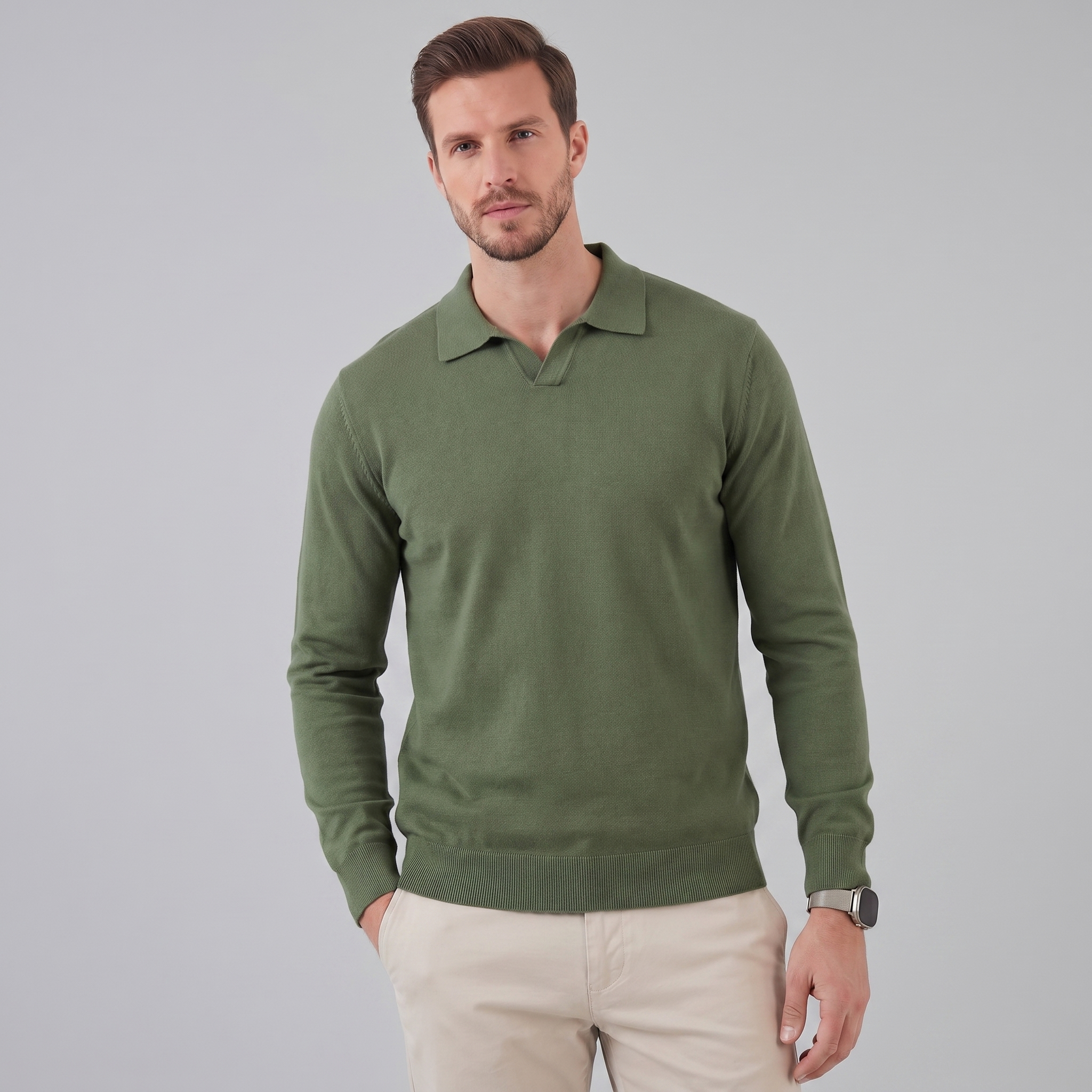 Men's Wool V-Neck Polo Shirt - Soft Knit Fabric for Casual Wear