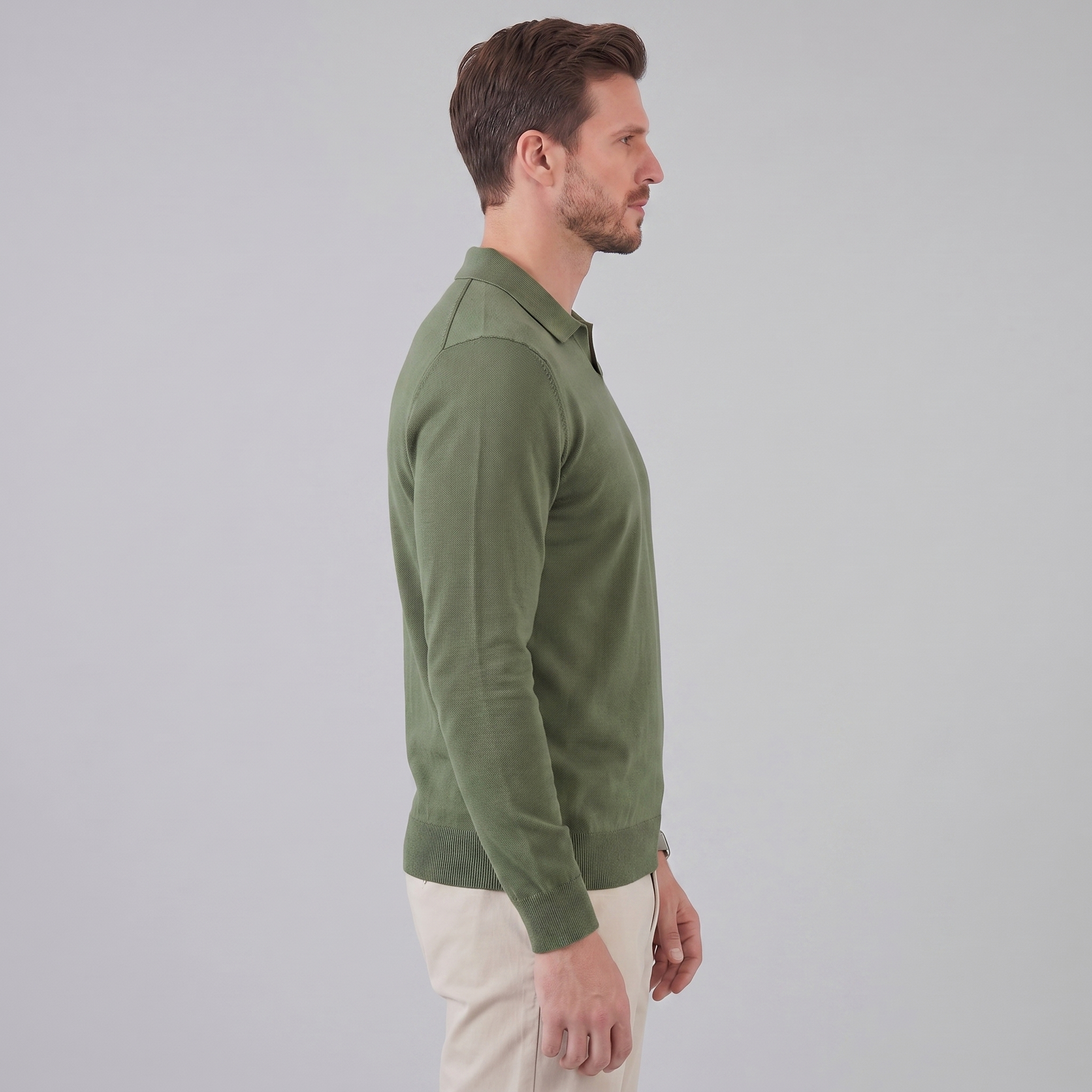 Men's Wool V-Neck Polo Shirt - Soft Knit Fabric for Casual Wear