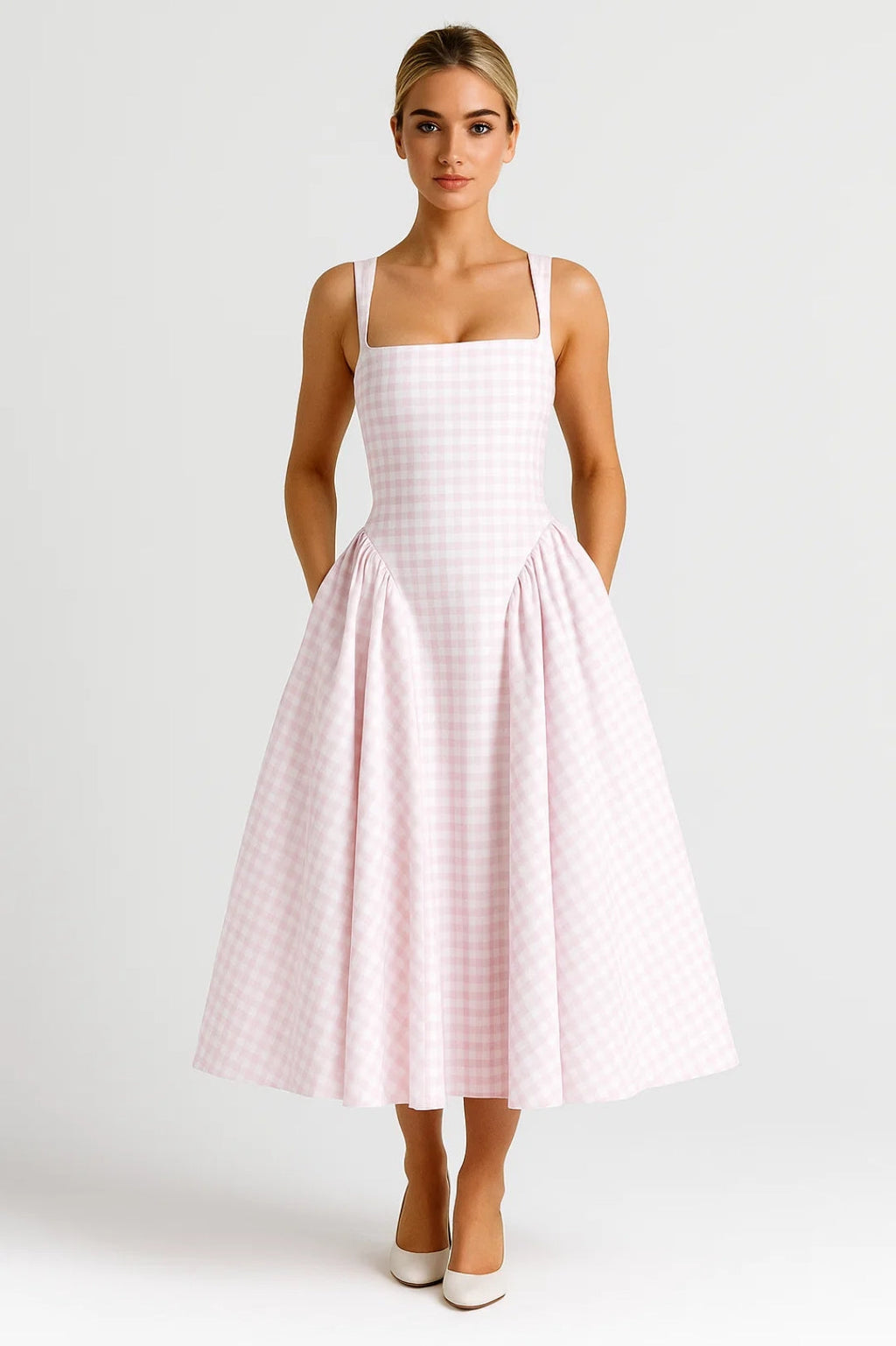 Checkered Square-Neck Midi Dress Women UK – Retro Style Garden Party Cocktail Attire