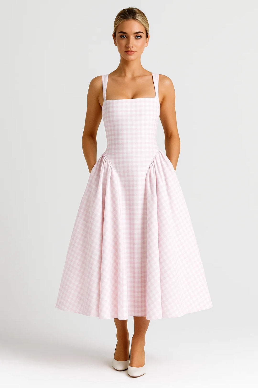 Checkered Square-Neck Midi Dress Women UK – Retro Style Garden Party Cocktail Attire