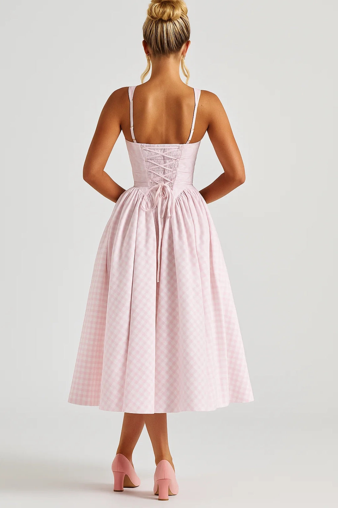 Checkered Square-Neck Midi Dress Women UK – Retro Style Garden Party Cocktail Attire