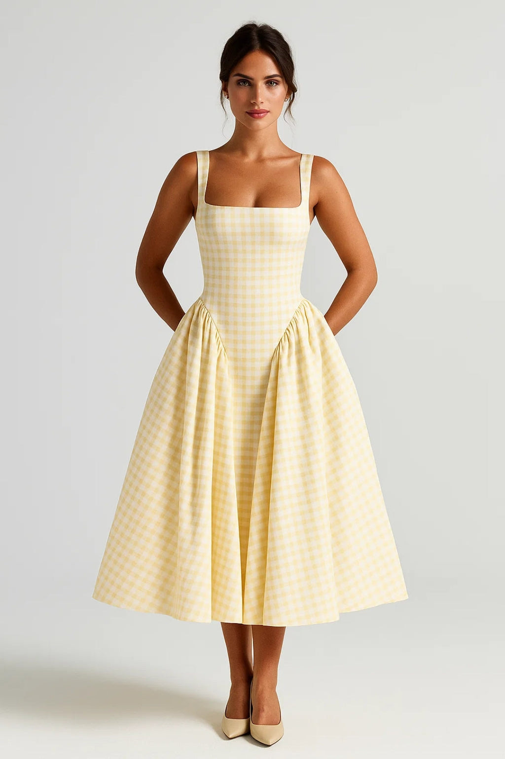 Checkered Square-Neck Midi Dress Women UK – Retro Style Garden Party Cocktail Attire
