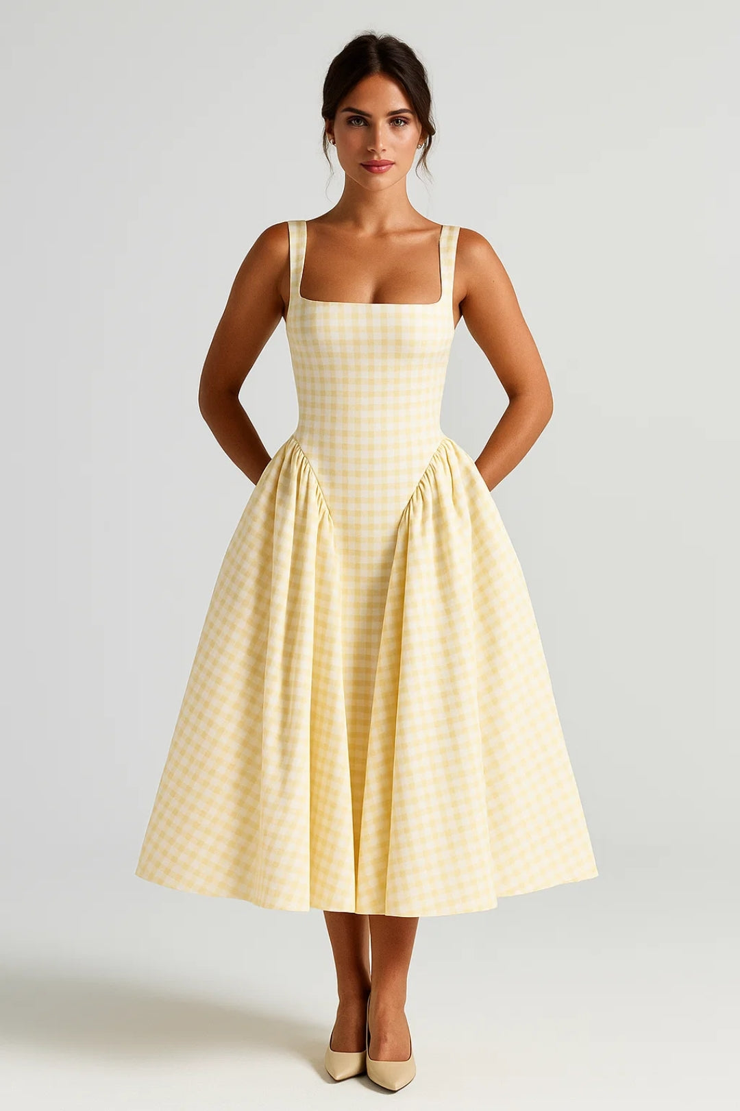 Checkered Square-Neck Midi Dress Women UK – Retro Style Garden Party Cocktail Attire