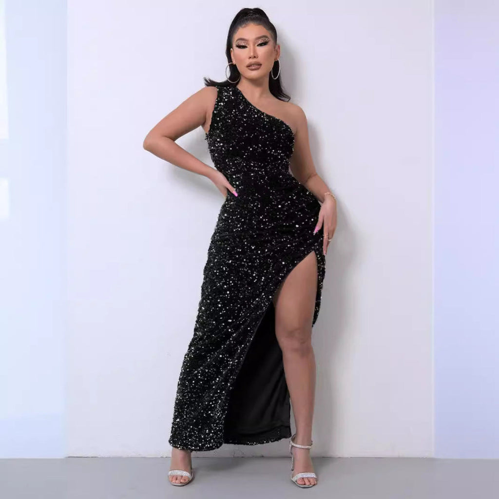Sequin One-Shoulder Dress Women UK – Glamorous Evening Gown, Party Event
