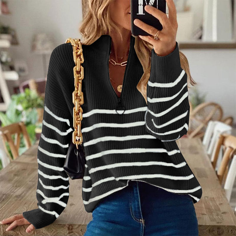 Women's Ribbed Striped Jumper with Zip Neckline for Casual Wear