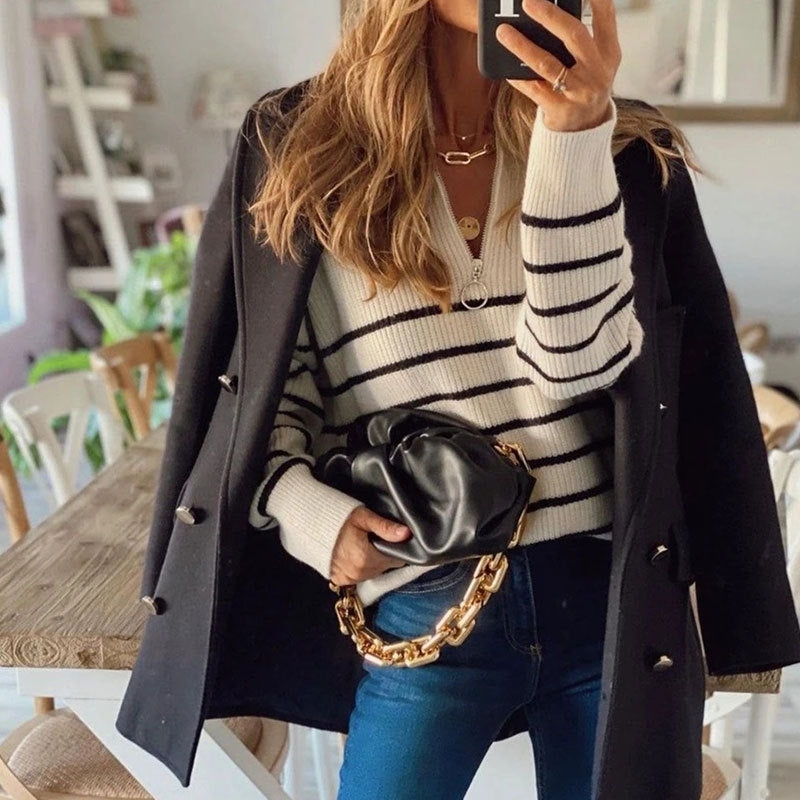 Women's Ribbed Striped Jumper with Zip Neckline for Casual Wear