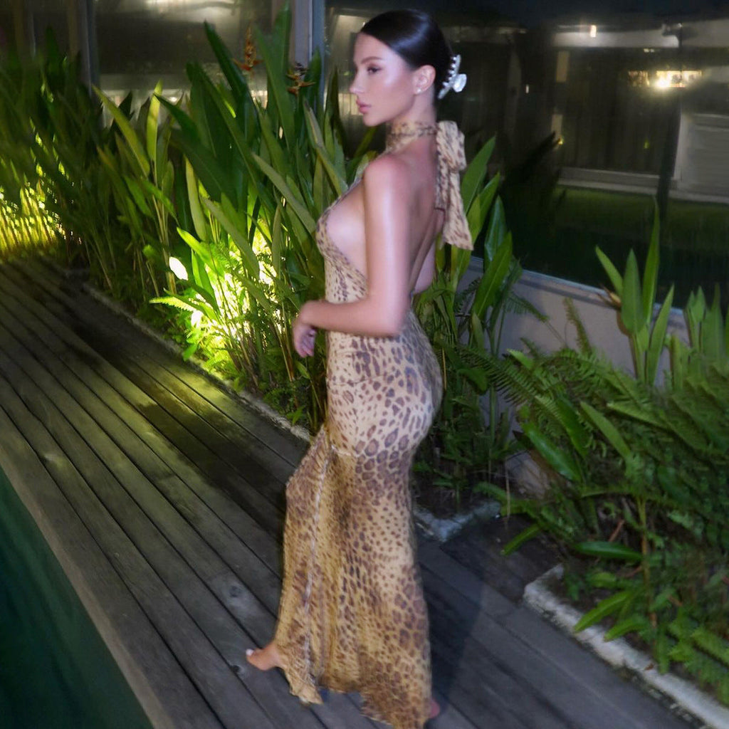 Leopard Print Backless Maxi Dress Women UK – Summer Events, Garden Party
