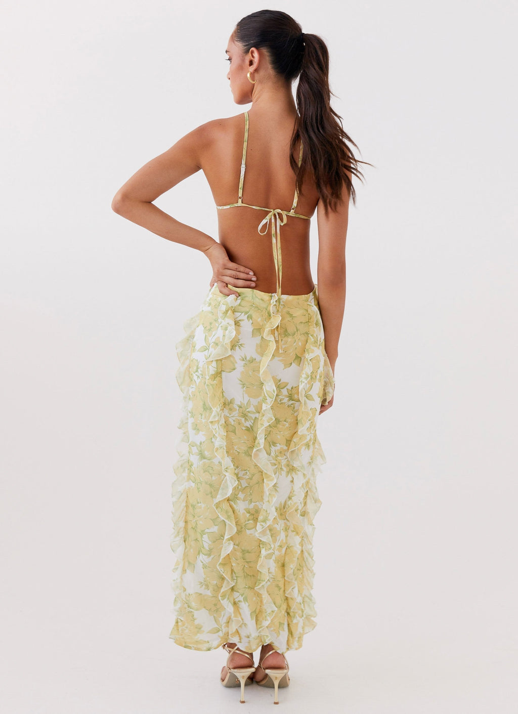 Floral Maxi Dress for Women with Halter Neck, Side Cut-Outs, and Ruffles