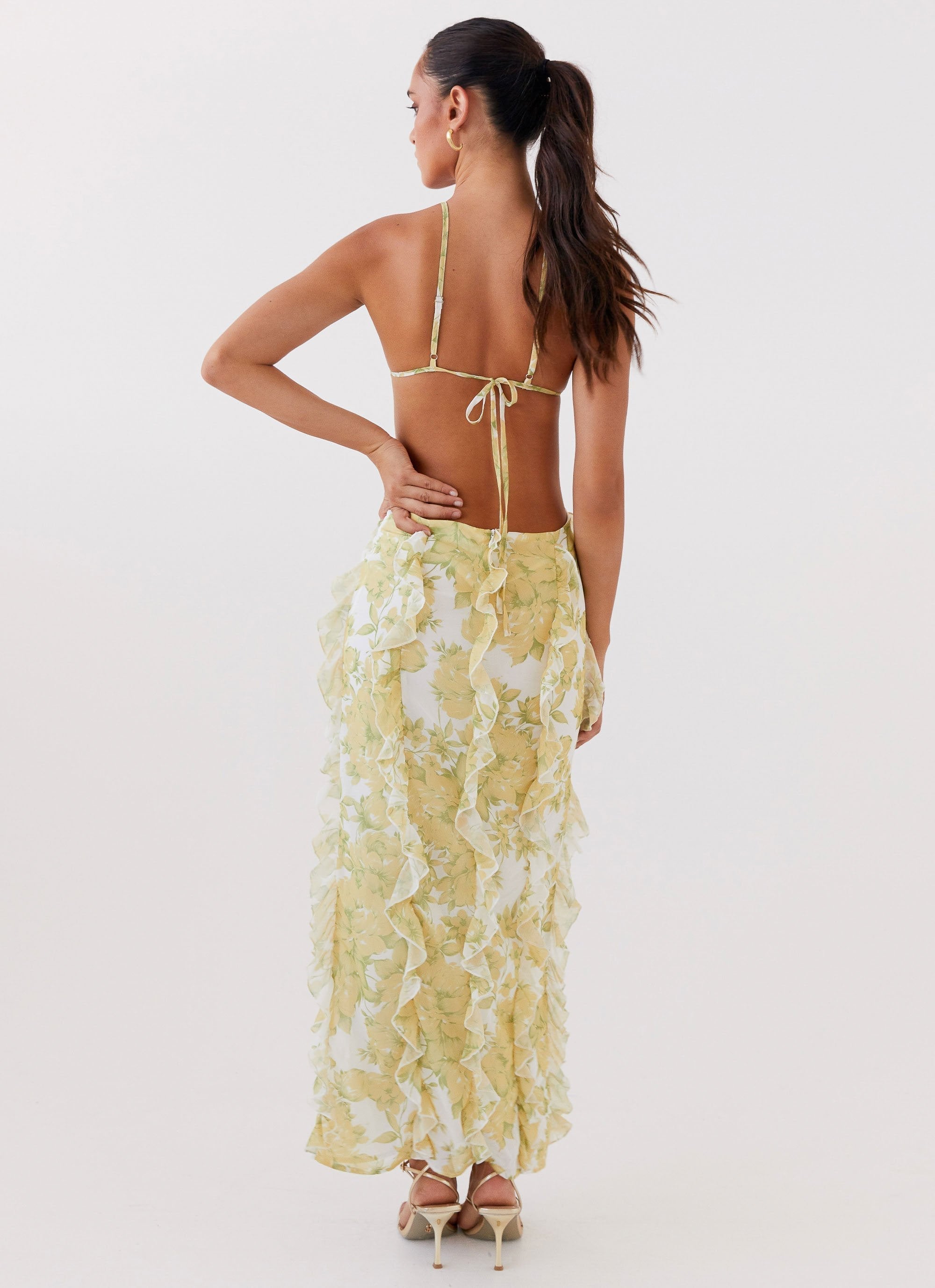 Floral Maxi Dress for Women with Halter Neck, Side Cut-Outs, and Ruffles