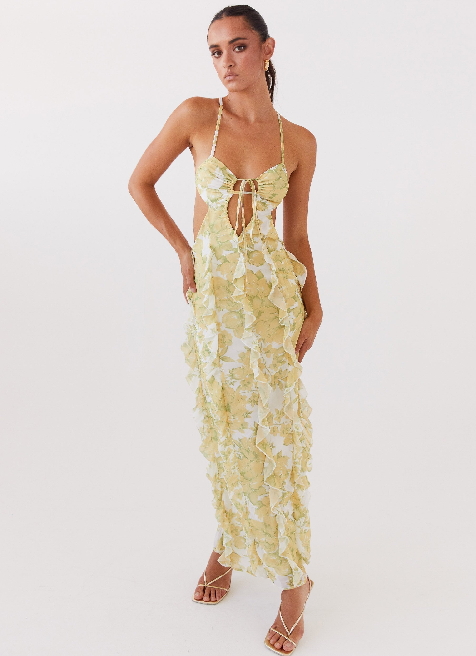 Floral Maxi Dress for Women with Halter Neck, Side Cut-Outs, and Ruffles