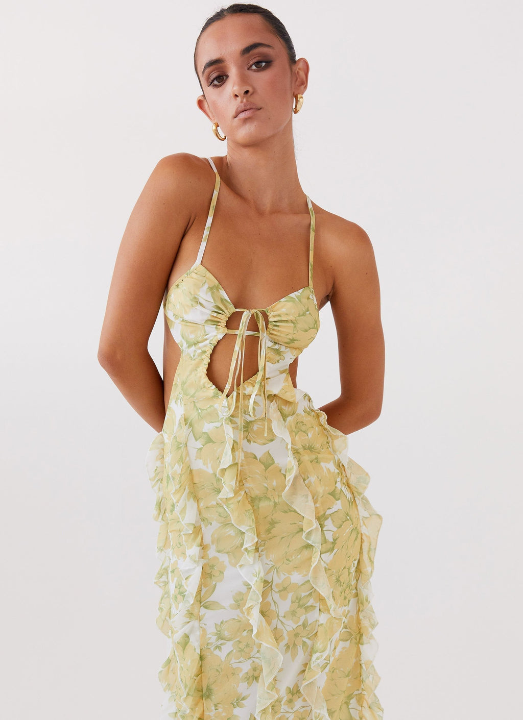 Floral Maxi Dress for Women with Halter Neck, Side Cut-Outs, and Ruffles