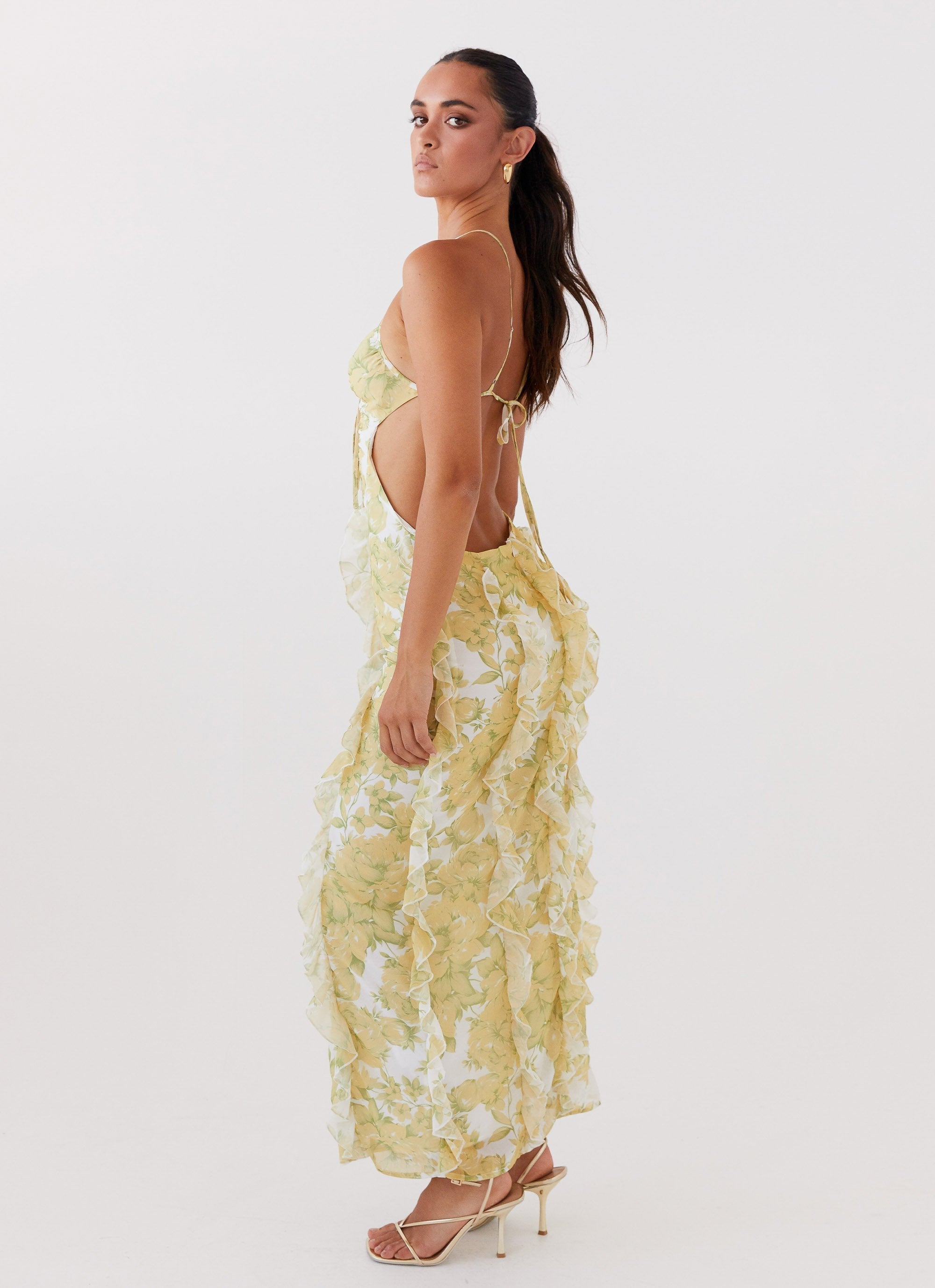 Floral Maxi Dress for Women with Halter Neck, Side Cut-Outs, and Ruffles
