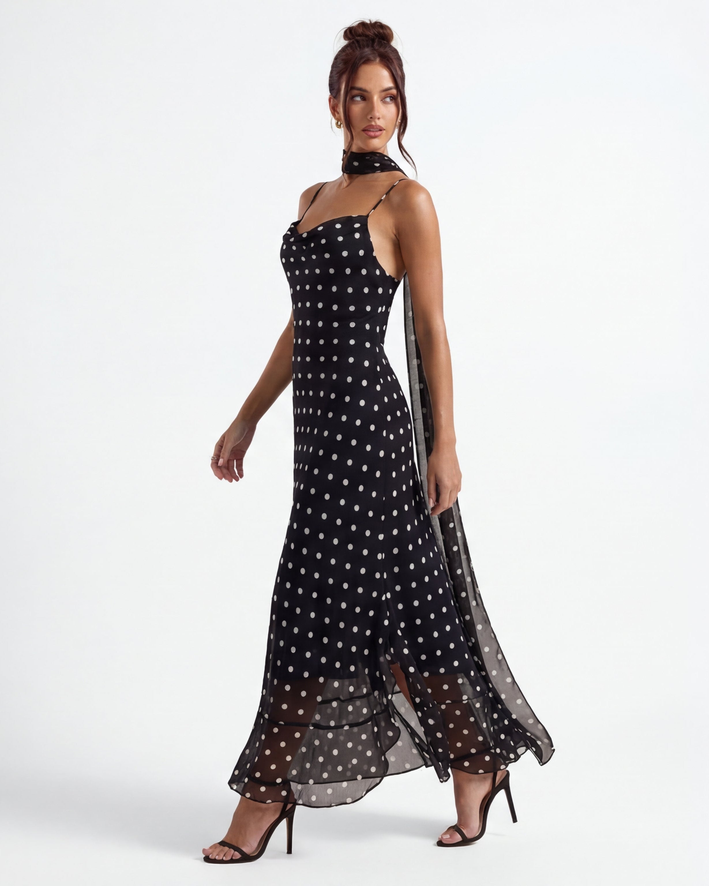 Polka Dot Maxi Dress with Sheer Hem | Casual Body-Skimming Style