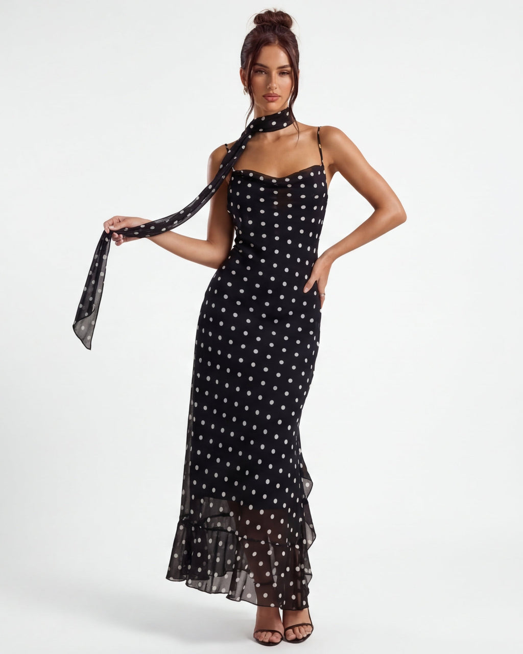 Polka Dot Maxi Dress with Sheer Hem | Casual Body-Skimming Style