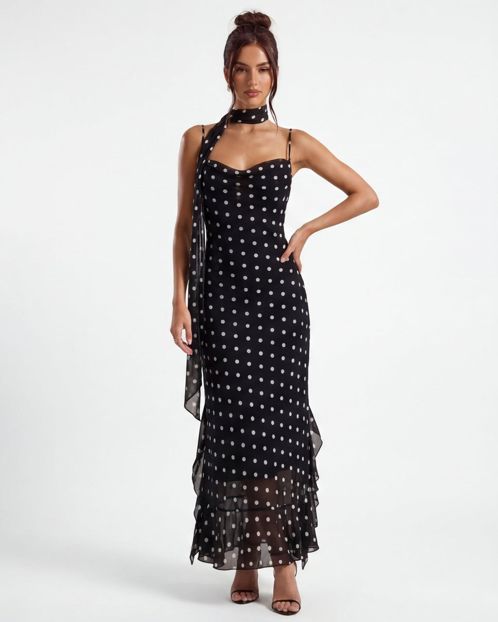 Polka Dot Maxi Dress with Sheer Hem | Casual Body-Skimming Style