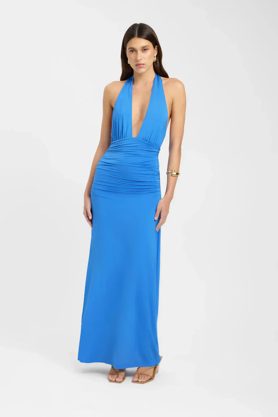 Plunging Maxi Dress with Ruched Back - Elegant Evening Wear for Women