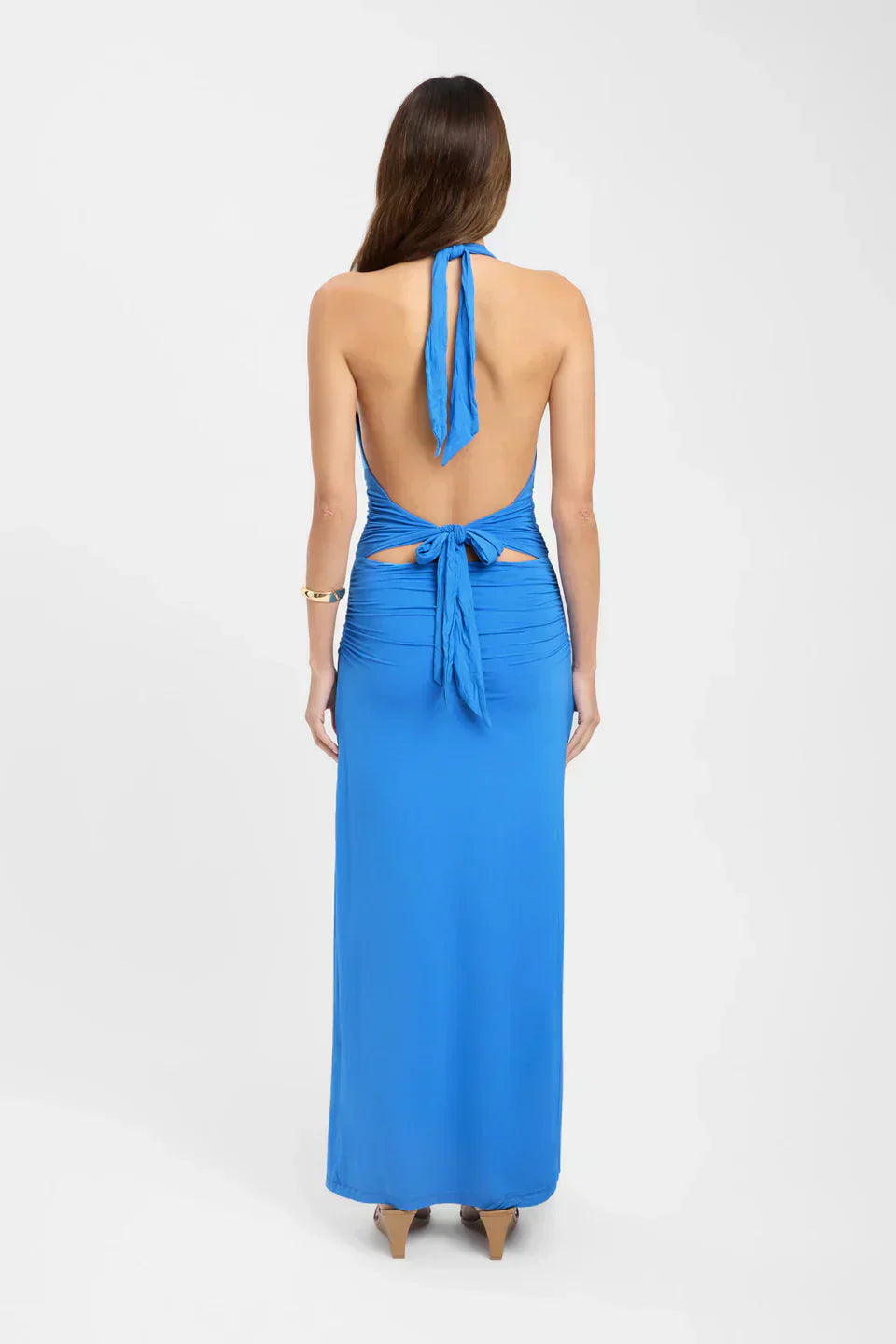 Plunging Maxi Dress with Ruched Back - Elegant Evening Wear for Women