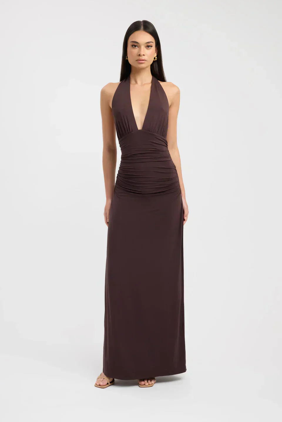 Plunging Maxi Dress with Ruched Back - Elegant Evening Wear for Women