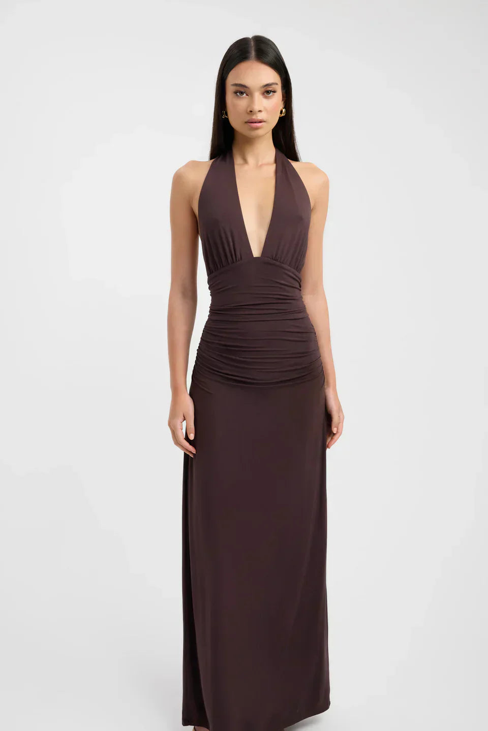 Plunging Maxi Dress with Ruched Back - Elegant Evening Wear for Women