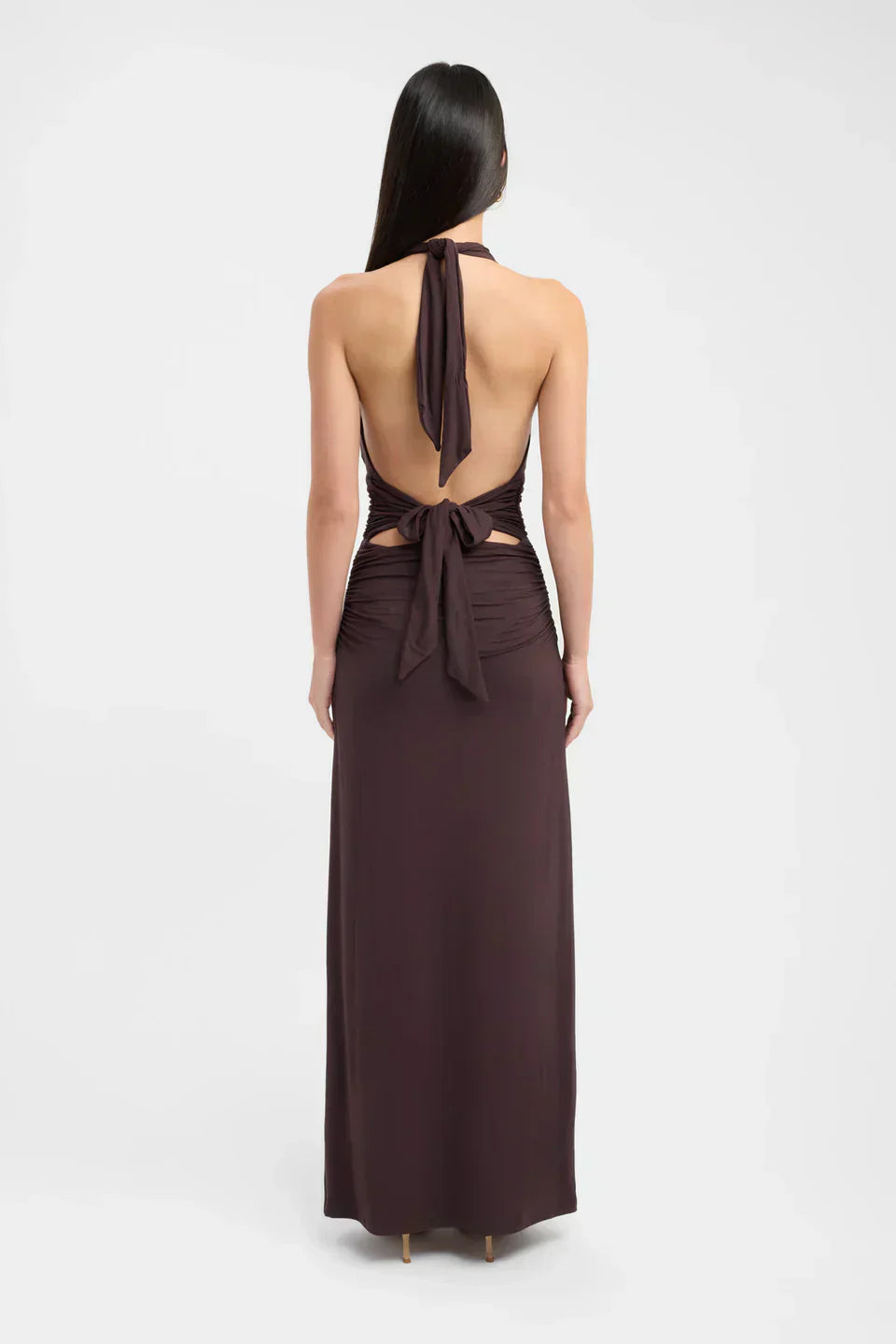 Plunging Maxi Dress with Ruched Back - Elegant Evening Wear for Women