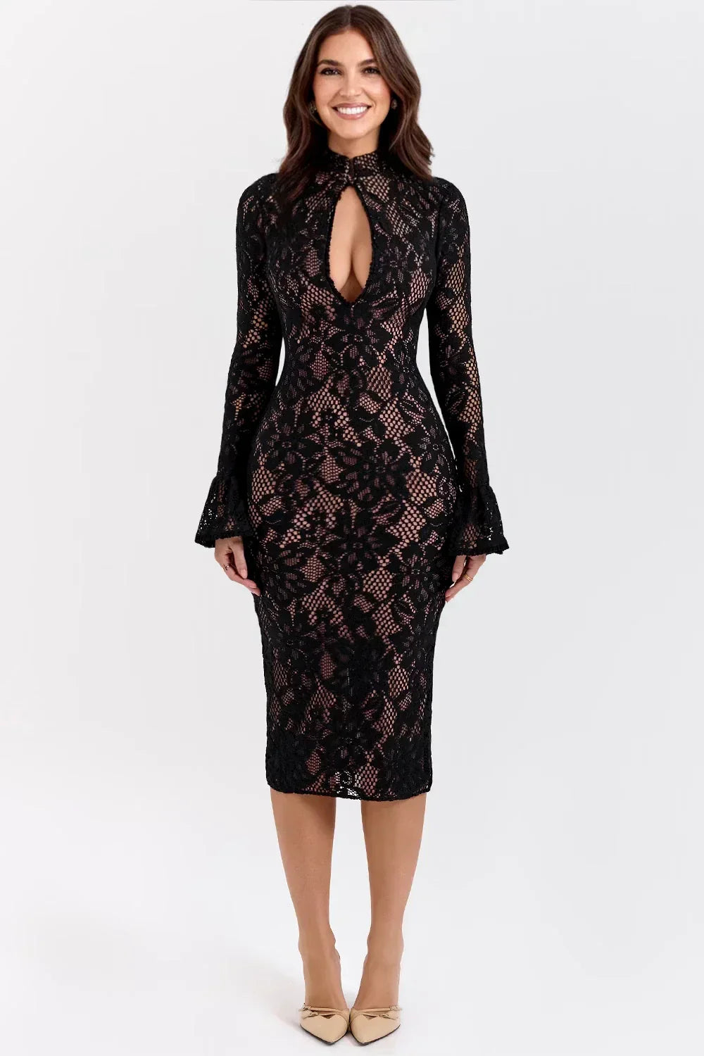 Floral Lace Midi Dress Women UK – Wedding Guest Garden Party Evening Gown, Cocktail Attire