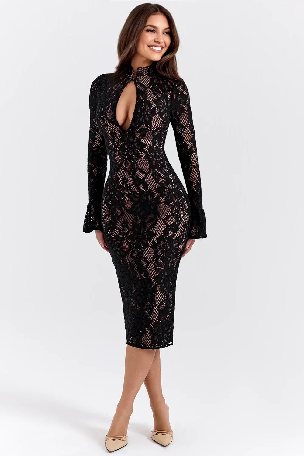 Floral Lace Midi Dress Women UK – Wedding Guest Garden Party Evening Gown, Cocktail Attire
