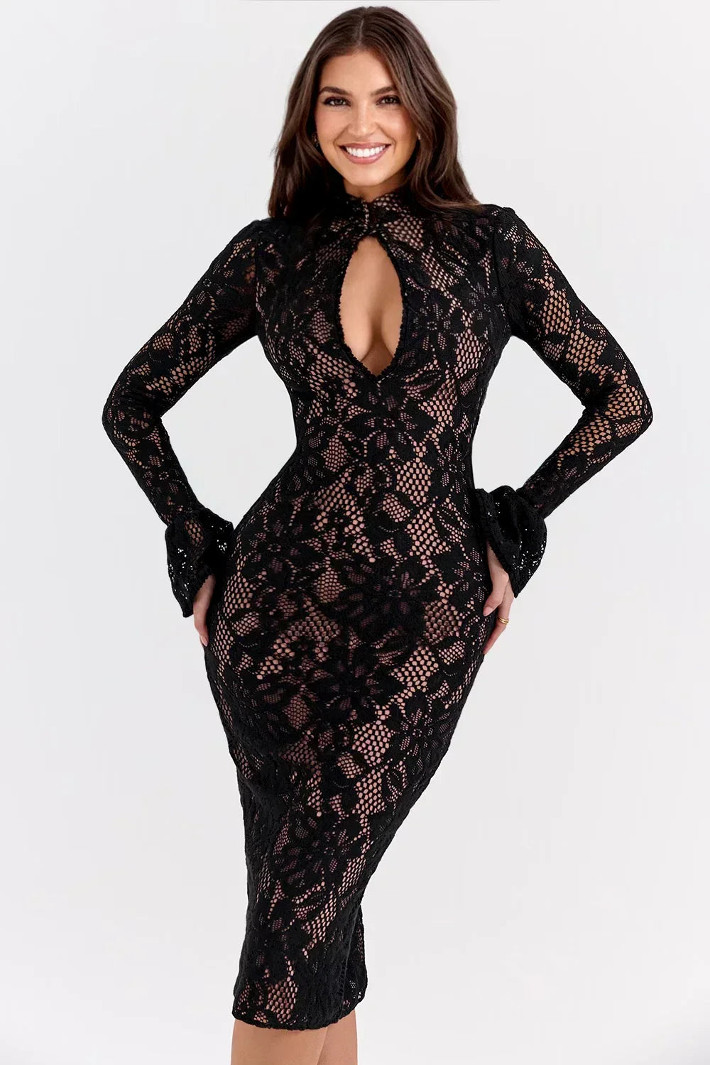 Floral Lace Midi Dress Women UK – Wedding Guest Garden Party Evening Gown, Cocktail Attire
