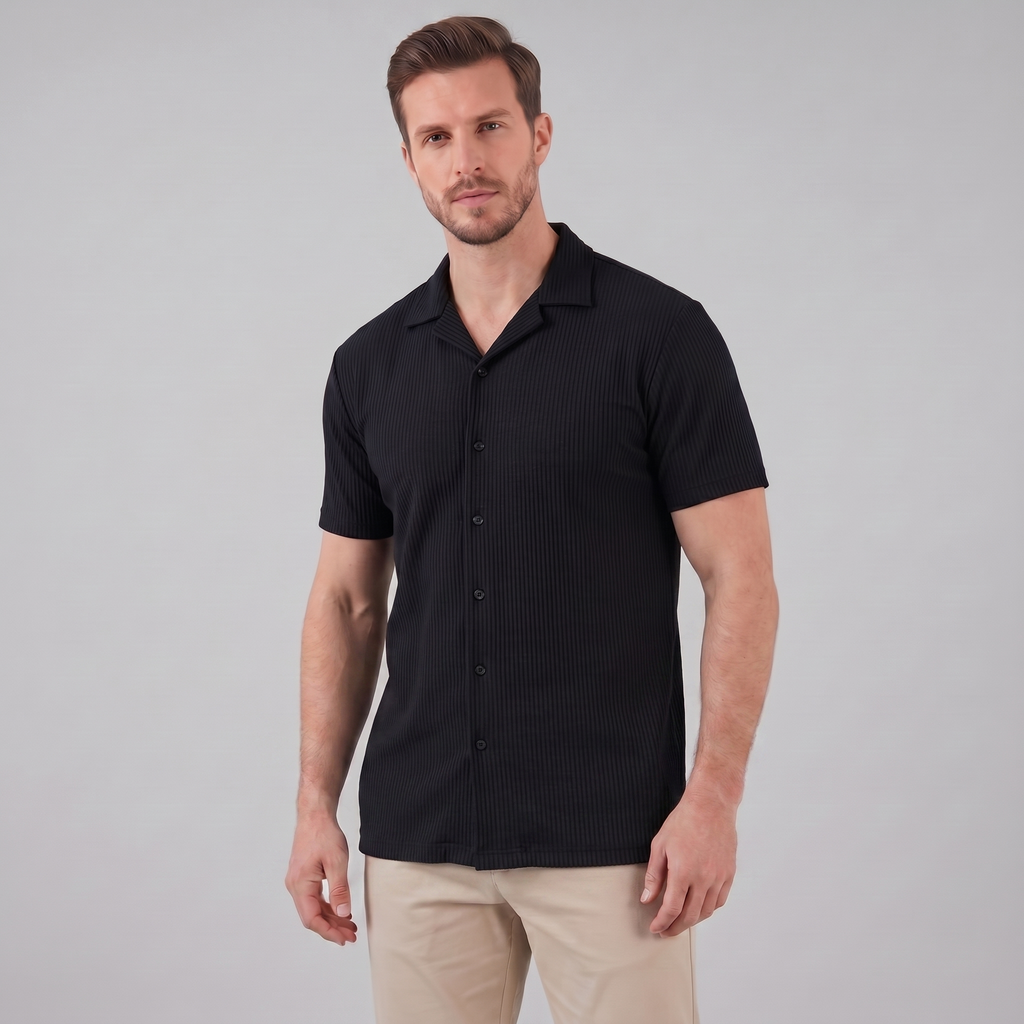 Ribbed Cuban Collar Shirt for Men - Casual Short Sleeve Cotton Top