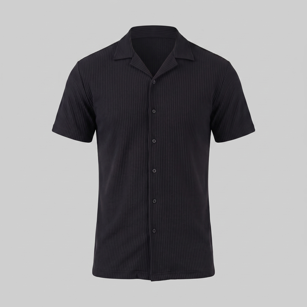Ribbed Cuban Collar Shirt for Men - Casual Short Sleeve Cotton Top