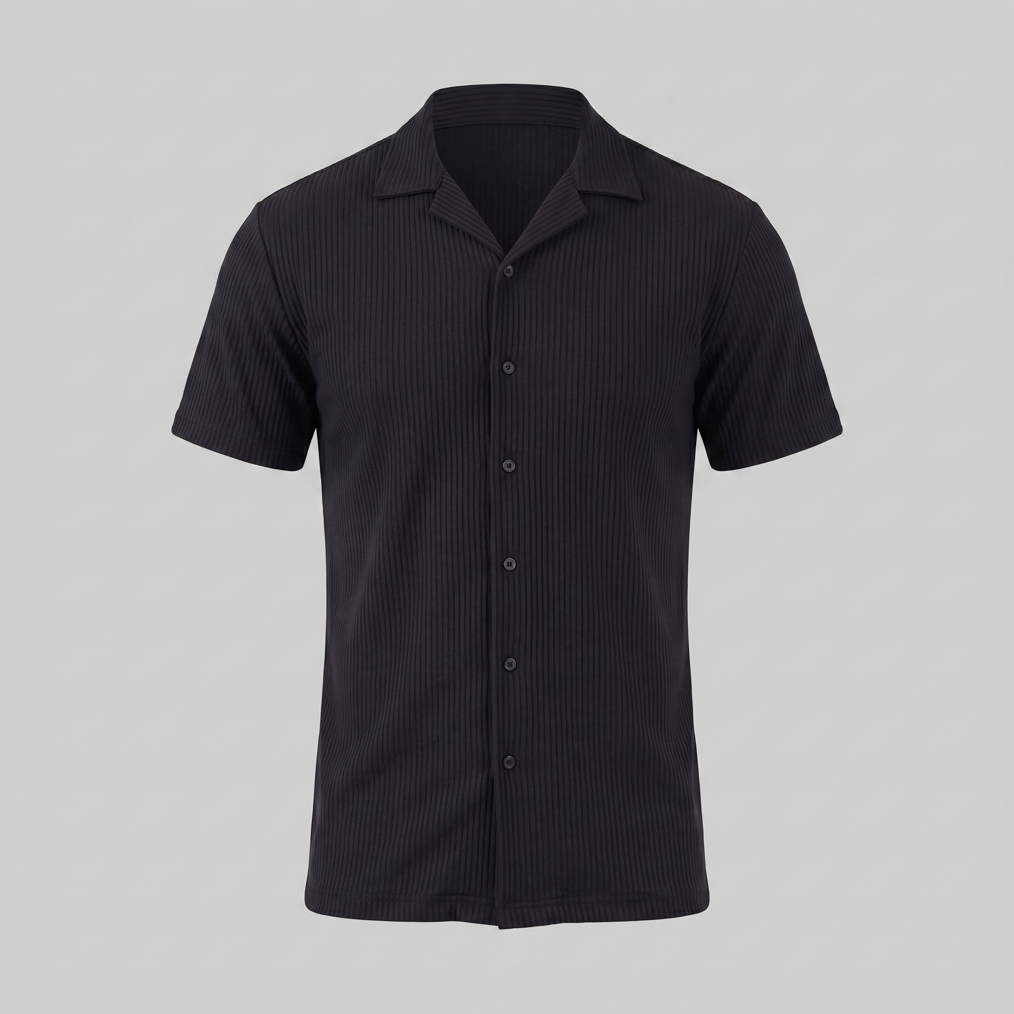 Ribbed Cuban Collar Shirt for Men - Casual Short Sleeve Cotton Top